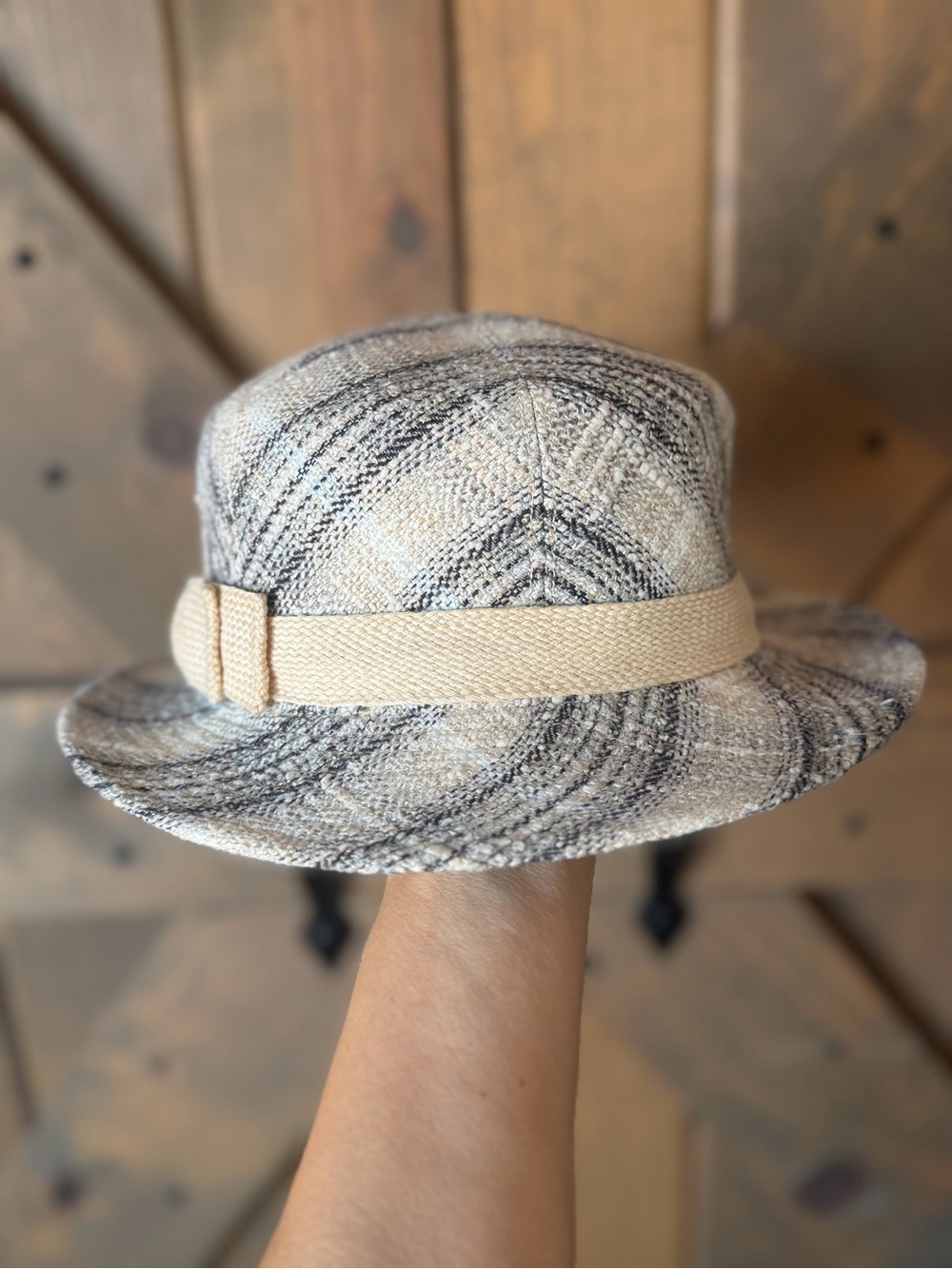 Cream & Gray Textured Women's Fedora Hat with Cream Band